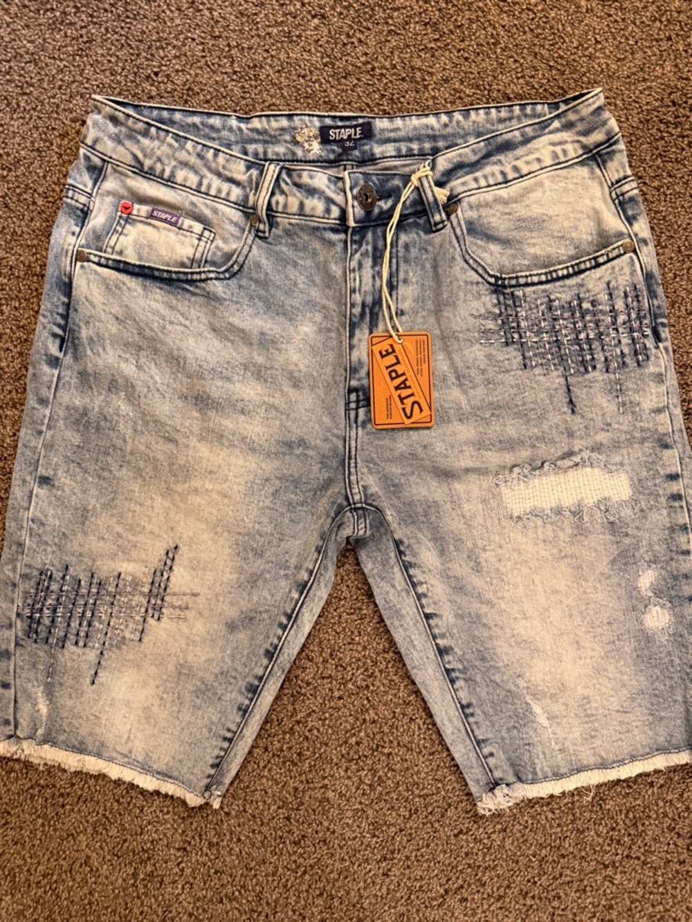 Staple Light Blue Washed Distressed Denim Shorts